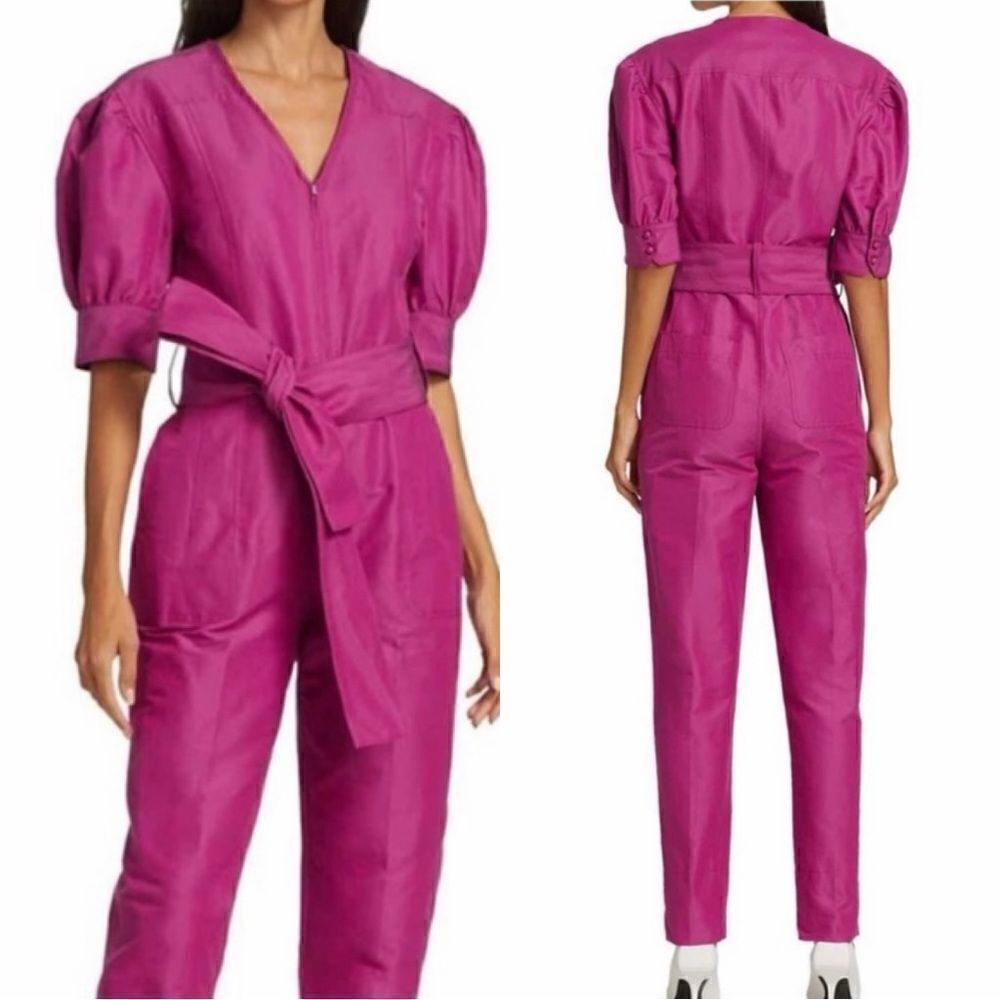 NWT Tanya Taylor Becca Purple Jumpsuit Bougainvilea Puff Sleeve Size 8